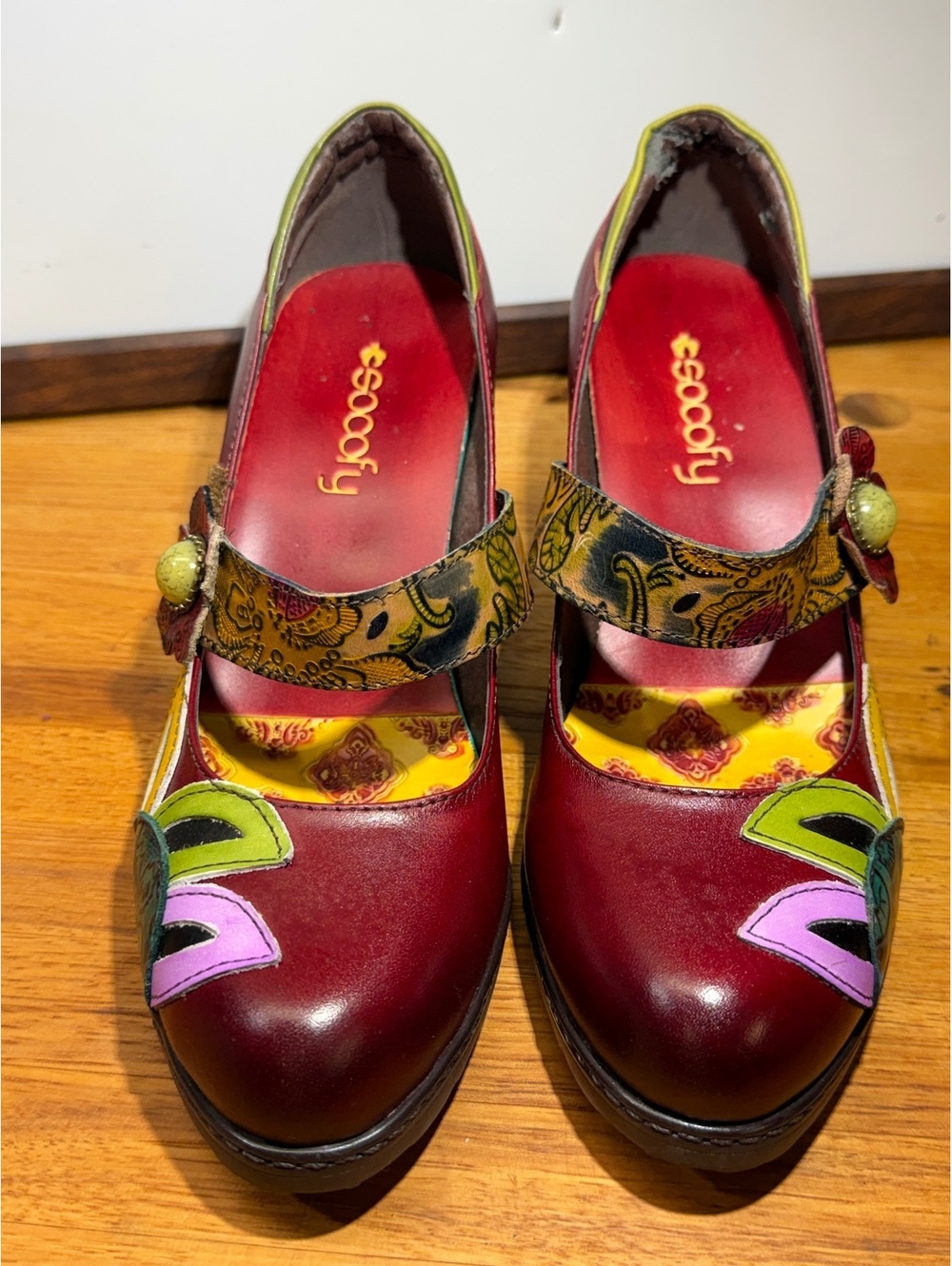 Socofy Retro Leather Mary Jane Pumps Floral Patchwork Boho Chunky Heels Shoes - Picture 4 of 8